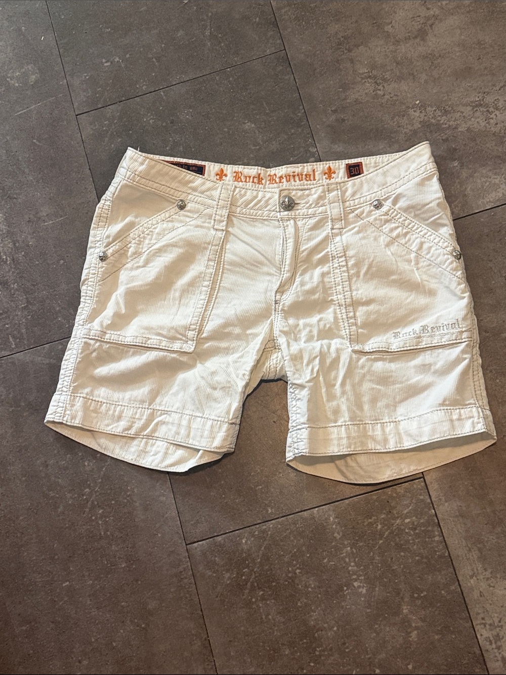 Rock Revival Off-White Cargo Shorts with Embroidered Waistband
